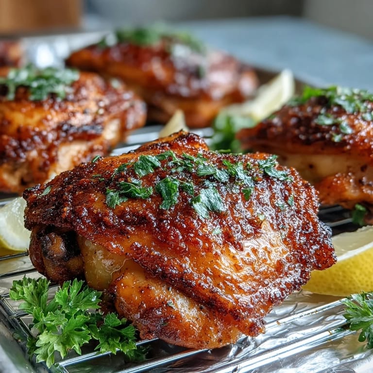 Serve Crispy Baked Bone-In Chicken Thighs with lemon wedges and fresh parsley.