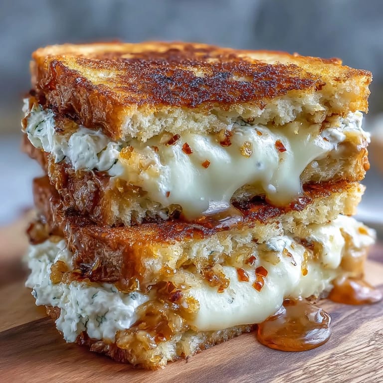 A close-up of a buttery grilled cheese with chèvre, a dollop of honey, and red pepper flakes for a sweet and spicy kick.