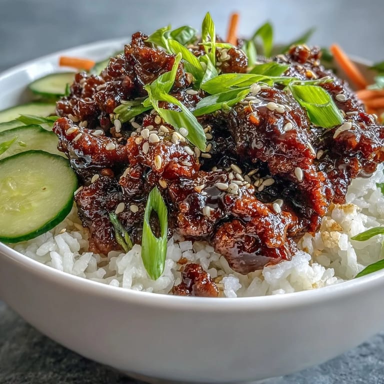 Hot and sticky ground beef in an Easy Korean Beef Bowl, garnished with sesame seeds and ready to serve.