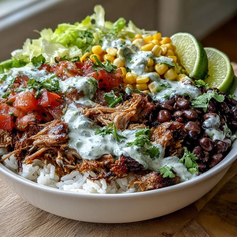 Carnitas Burrito Bowl layered with crisp lettuce, black beans, and corn, drizzled with tangy lime crema.