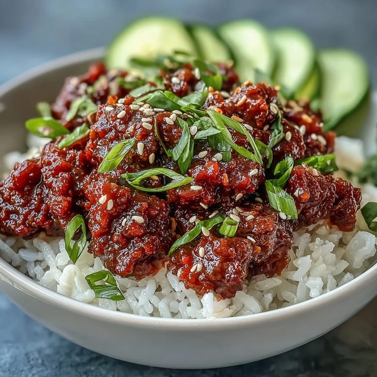 Colorful Korean Beef Bowl featuring savory ground beef, quick-pickled carrots and radish, fresh cucumber, and spicy kimchi arranged neatly over steamed rice.