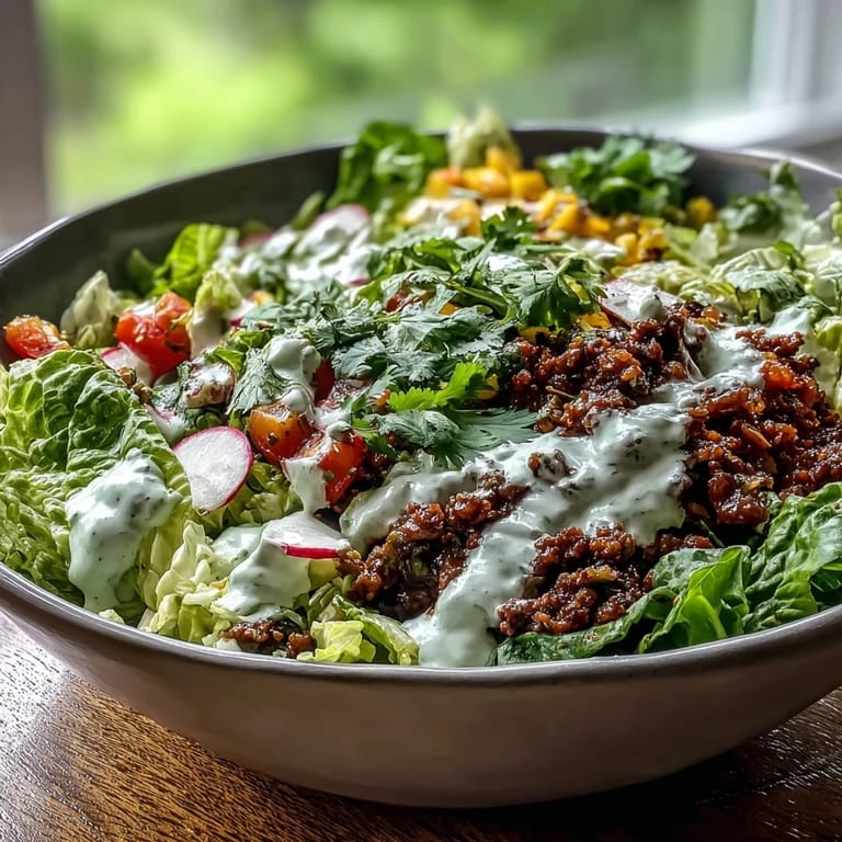 This Healthy Taco Bowl features seasoned ground beef with crisp lettuce, fresh tomatoes, radishes, and creamy avocado slices.
