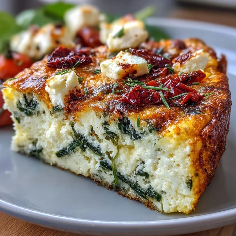 A savory frittata loaded with wilted spinach, tangy feta, and sweet sun-dried tomatoes, baked until just set in a skillet.  