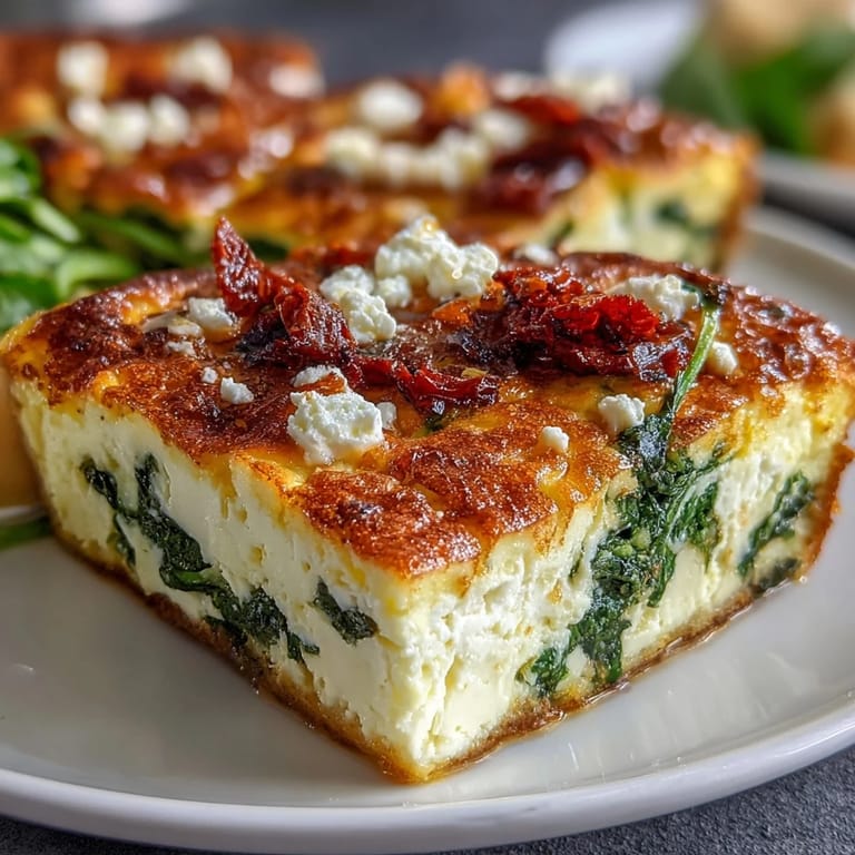 Golden-baked spinach and feta frittata featuring sun-dried tomatoes, offering a Mediterranean-inspired dish that's perfect for any meal.
