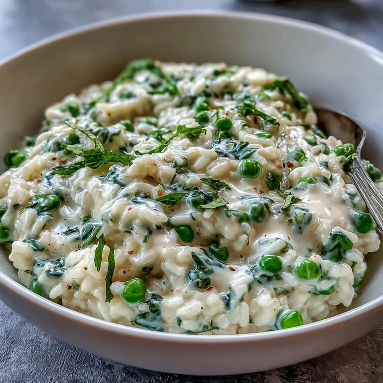 Spring Dinner Party Pea and Mint Risotto with Parmesan cheese, served in a shallow bowl with extra grated cheese on top. Perfect for an elegant vegetarian dinner.