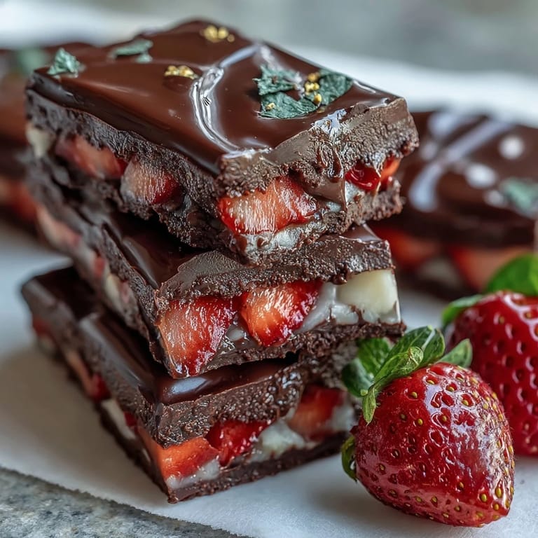 Luxurious dark and white chocolate bark swirled with fresh strawberries and crunchy pistachios, topped with edible gold leaf.