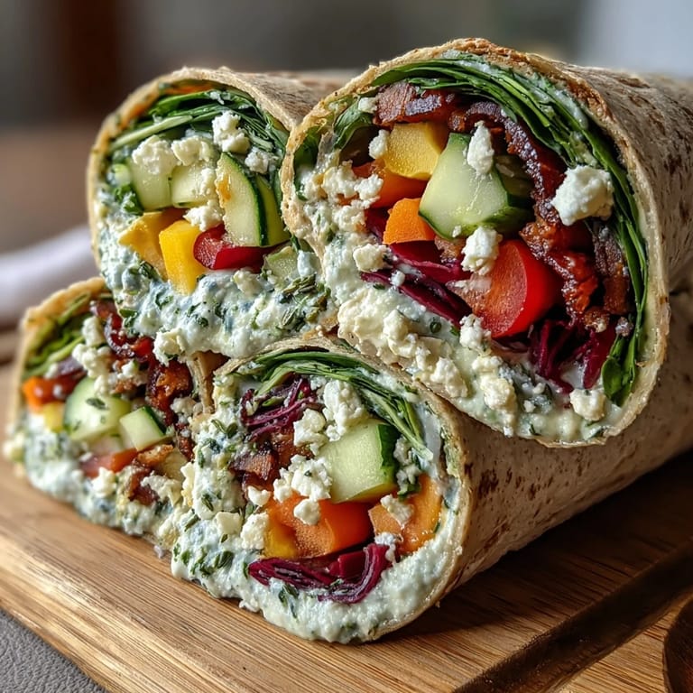 Vibrant Rainbow Veggie Wraps packed with colorful, crunchy vegetables and creamy hummus, perfect for a nutritious packed lunch.