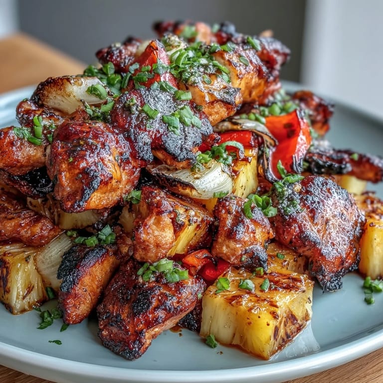 Vibrant chicken and pineapple skewers sizzling on the grill, featuring smoky char and tropical sweetness in every bite.