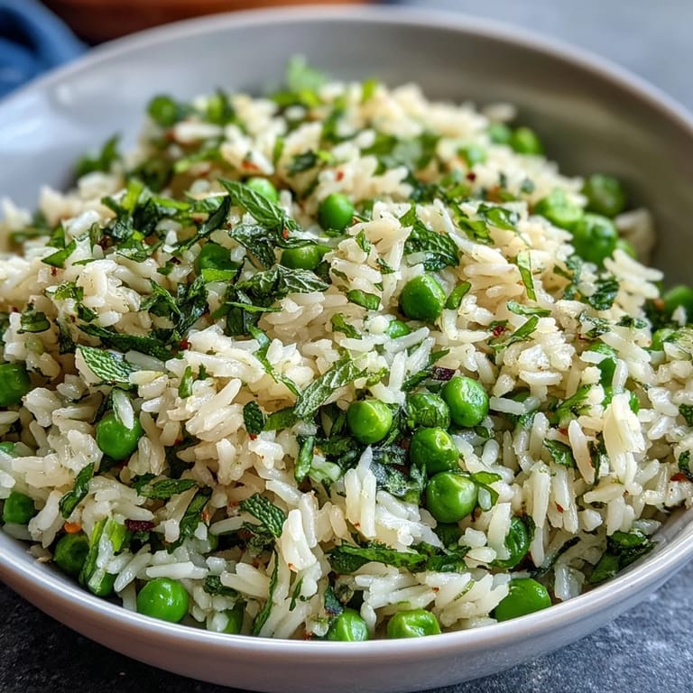 Fluffy white rice pilaf studded with sweet spring peas, fresh mint, and parsley, perfect for a light vegetarian side dish.  