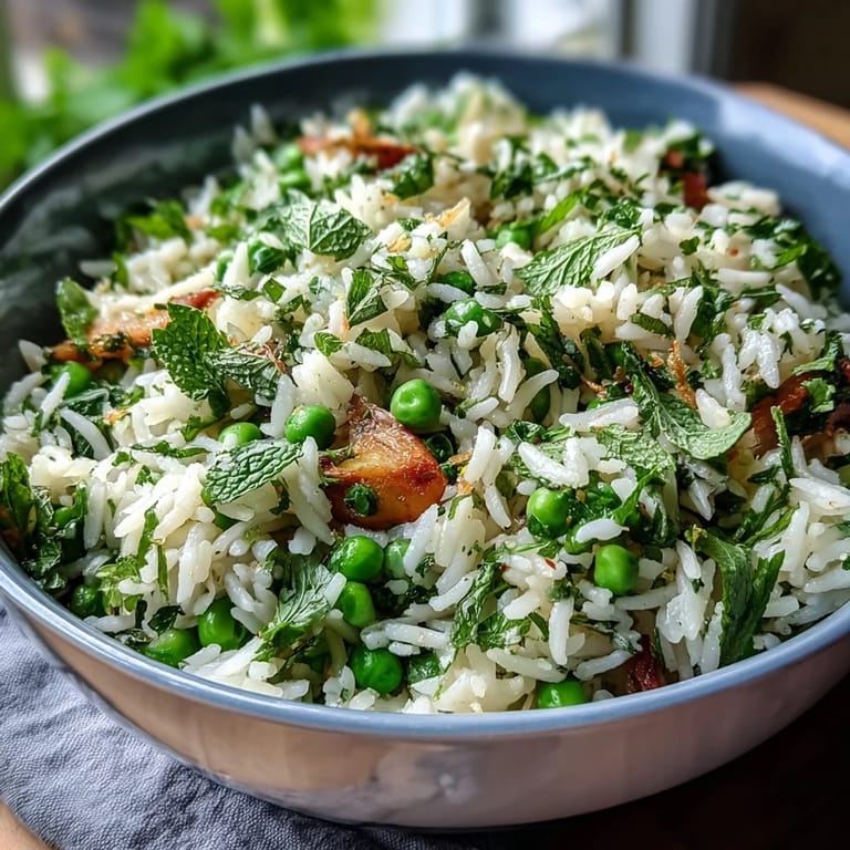 Close-up of Spring Pea and Mint Rice Pilaf showcasing tender rice, bright peas, and aromatic herbs in a rustic serving bowl.