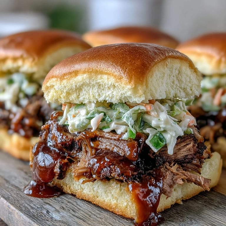 Juicy shredded brisket smothered in rich BBQ sauce, topped with crunchy slaw, served warm on soft slider rolls.