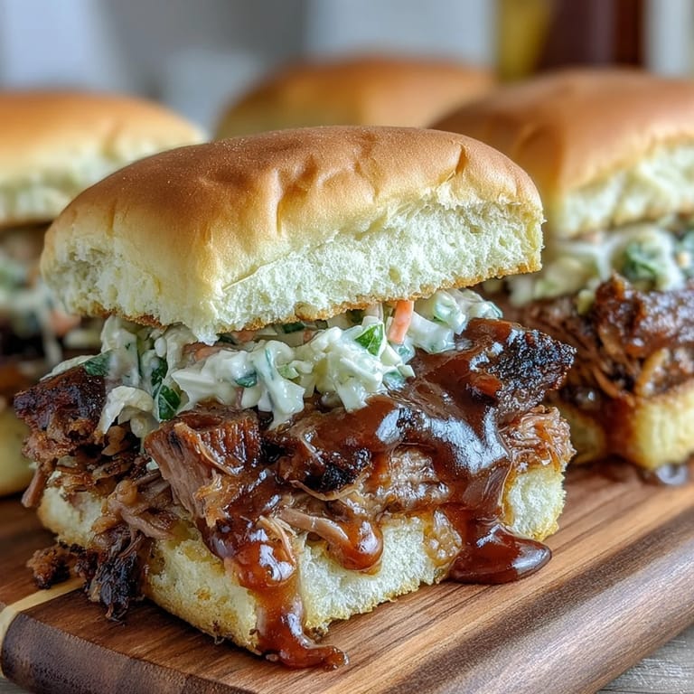 Smoky, slow-cooked brisket slices layered with crisp slaw and sweet BBQ sauce on buttery toasted slider buns.  