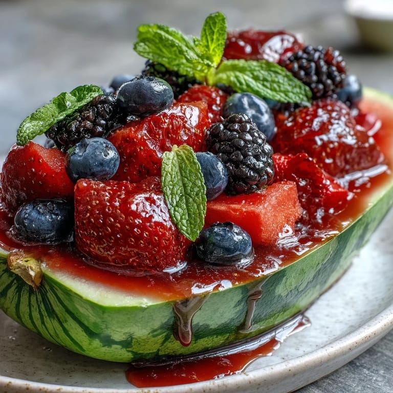 Elegant watermelon fruit boat filled with colorful berries and mint, a refreshing centerpiece for any gathering.