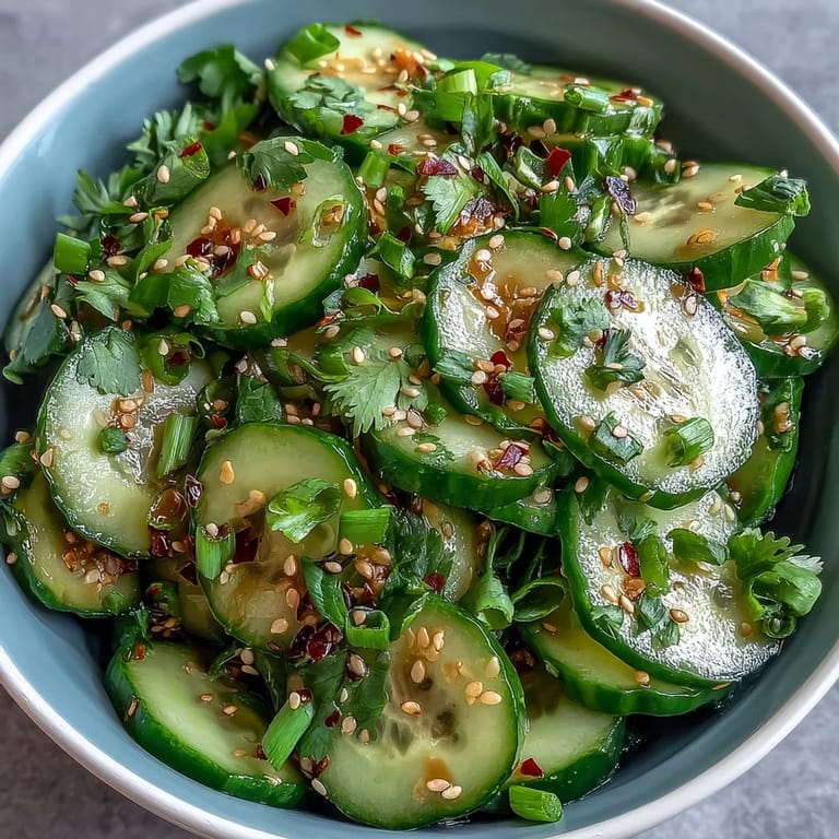 Cool, crunchy cucumber salad with sesame and rice vinegar dressing, perfect for complementing grilled meats or Asian-inspired meals.
