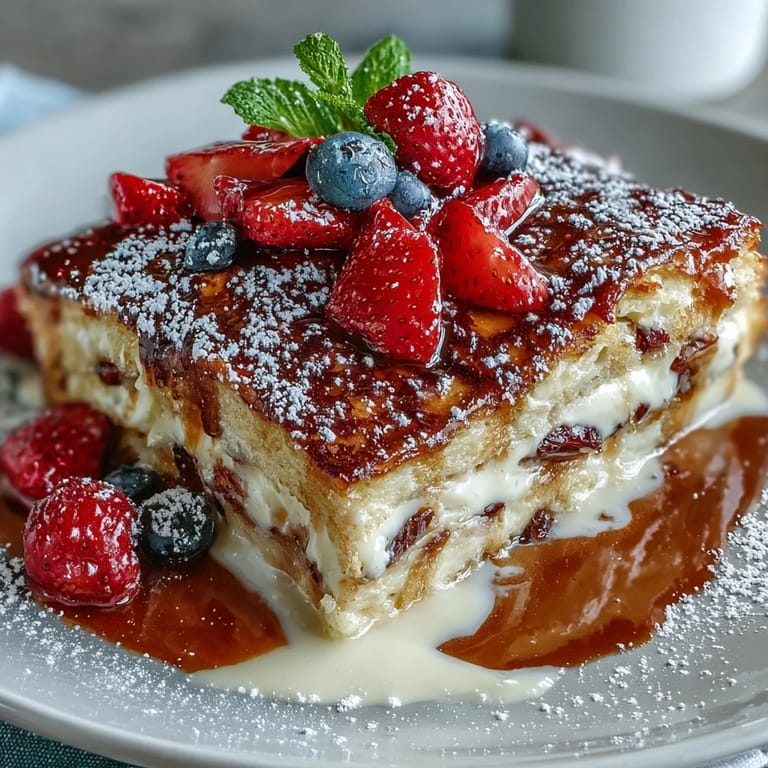 Warm and comforting pancake casserole, layered with juicy mixed berries and creamy custard, perfect for a festive Mothers Day breakfast.