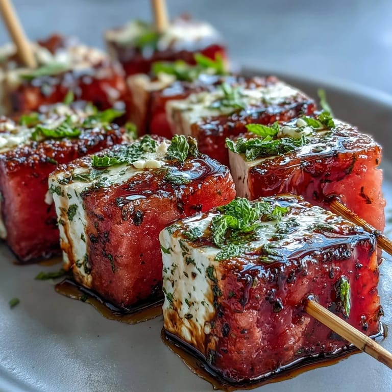 Watermelon feta mint skewers drizzled with olive oil and balsamic glaze, a colorful and light Mediterranean snack.  