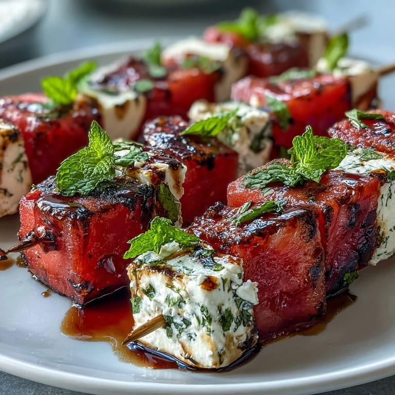 Refreshing watermelon feta mint skewers with aromatic mint leaves, drizzled with olive oil for a delightful party appetizer.