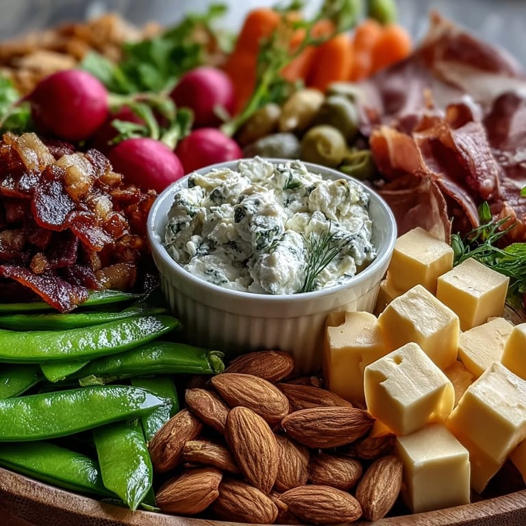 Radishes, sugar snap peas, and herb dip arranged on a spring charcuterie board with meats and cheeses.