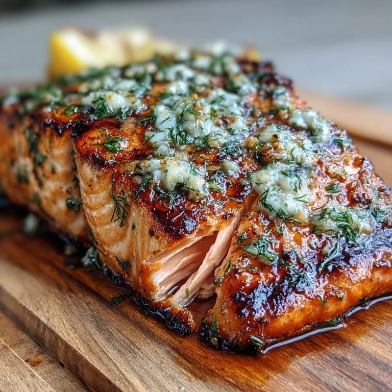 Smoky cedar plank salmon with garlic dill marinade, tender fillets cooked to perfection and garnished with lemon slices.