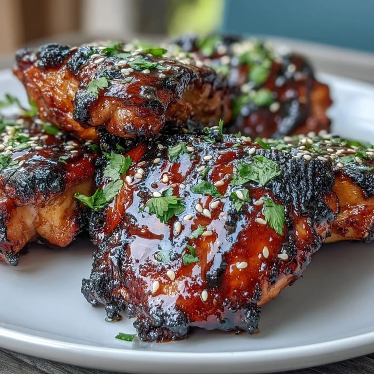 Close-up of Honey Sriracha Grilled Chicken Thighs, their caramelized honey sriracha coating glistening under the grill’s heat, ready for summer dining.