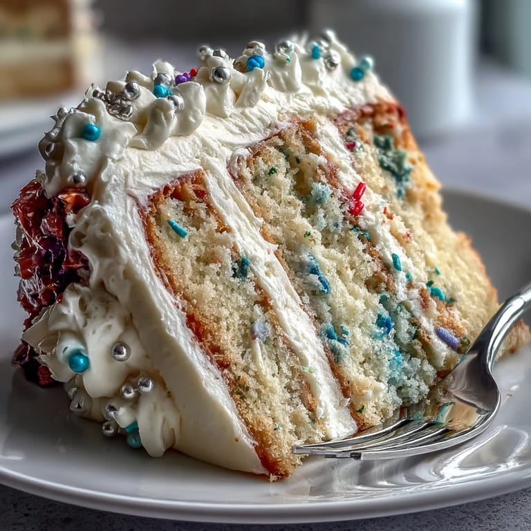 An elegant confetti cake with champagne-infused frosting, perfect for milestone celebrations and special occasions.