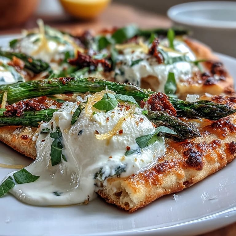 Creamy burrata and roasted asparagus flatbread with zesty lemon and chili flakes, perfect for an easy vegetarian meal.  