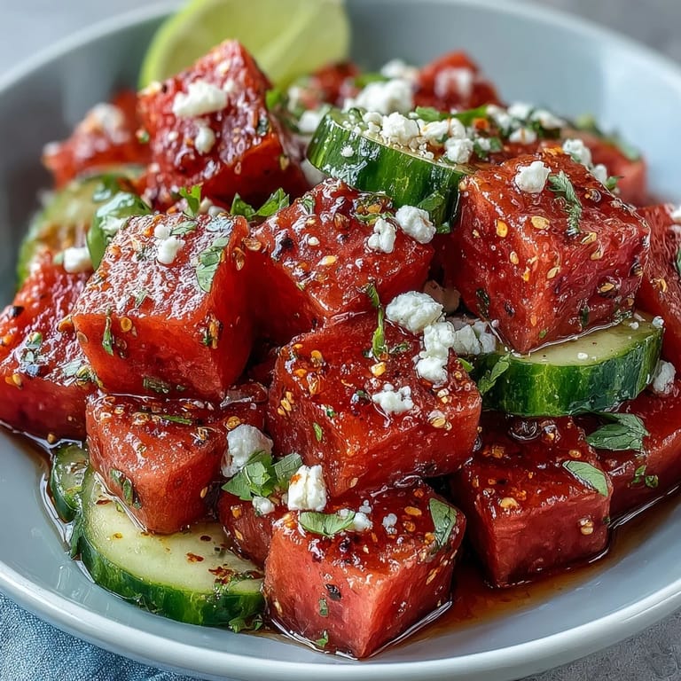 A colorful summer salad featuring refreshing watermelon and cucumber, garnished with fresh cilantro and a sprinkle of Tajin, served in a large white bowl with lime wedges.