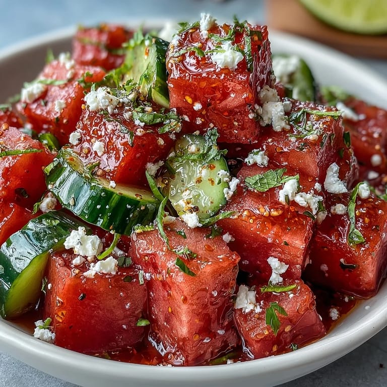 Zesty Tajin-seasoned watermelon cucumber salad with bright lime juice, red onion slivers, and fresh herbs, perfect for picnics or light, healthy summer meals.