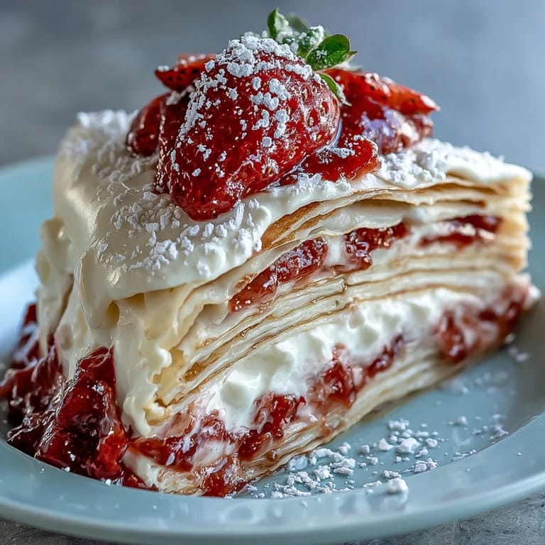 Elegant French-style Mother's Day Crêpe Cake featuring golden crepes stacked with rich strawberry mascarpone filling, perfect for celebrating mom with a showstopping dessert.