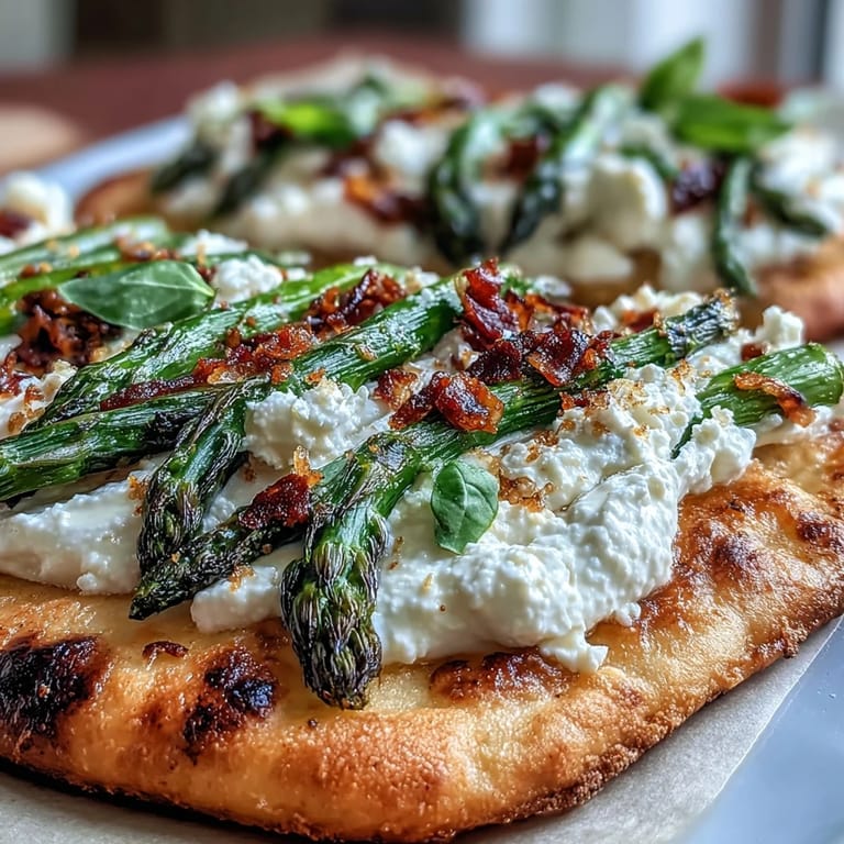 Golden flatbread layered with burrata, roasted asparagus, and lemon zest, finished with fresh basil for an Italian-inspired dish.