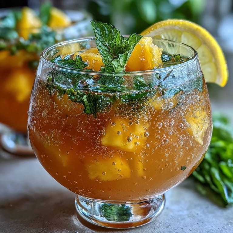 Refreshing mango pineapple punch served over ice with diced tropical fruit and lemon slices, perfect for graduation parties.