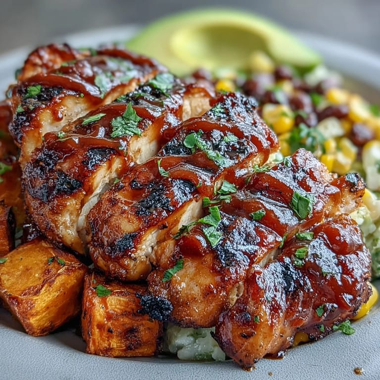 Flavorful BBQ Chicken Meal Prep Bowls bursting with roasted sweet potato and fresh toppings.