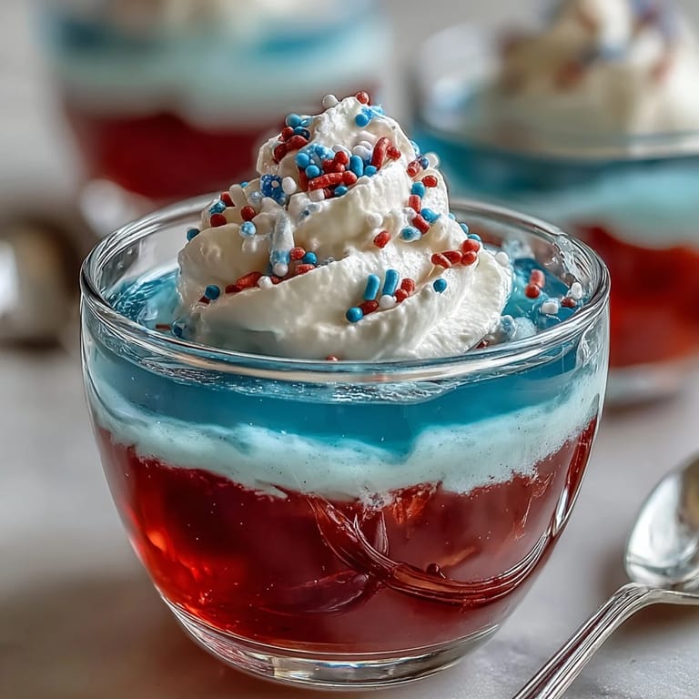 Close-up of layered 4th of July Firecracker Jello Shots with optional patriotic sprinkles.