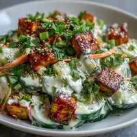 Golden, ultra-crispy tofu cubes rest atop a bed of cool, creamy Asian Cucumber Salad. The vibrant dish is garnished with fresh herbs and sesame seeds.