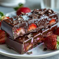A decadent Dubai-inspired chocolate bark with strawberries, pistachios, and rose petals, perfect for sharing.