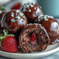 Elegant Dubai-style strawberry truffles coated in glossy dark chocolate, featuring delicate rosewater and cardamom flavors.