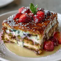Fluffy pancake casserole with fresh berries, baked in a golden custard, dusted with powdered sugar for a special Mothers Day brunch.
