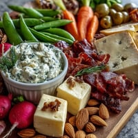A vibrant spring charcuterie board with radishes, peas, and herb dip, perfect for light entertaining.  