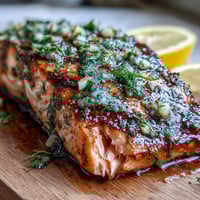 Cedar Plank Salmon with Garlic Dill sizzling on a smoky cedar plank, fresh herbs and lemon slices adding vibrant aroma.