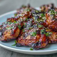 Honey Sriracha Grilled Chicken Thighs sizzling on the barbecue, glazed with a sticky, spicy-sweet marinade and charred to golden perfection.