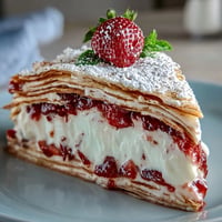 A stunning layered Mother's Day Crêpe Cake with delicate crepes and luscious strawberry mascarpone cream filling, garnished with fresh strawberries and mint.