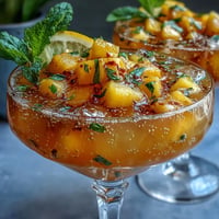 Vibrant tropical punch with mango, pineapple, and sparkling lemonade in a clear glass bowl, garnished with fresh fruit slices.